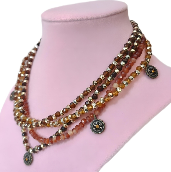 💎 2/$15 Cookie Lee 4 Strand Beaded Necklace Rhinestone Glass plastic Brown Red - Picture 3 of 7